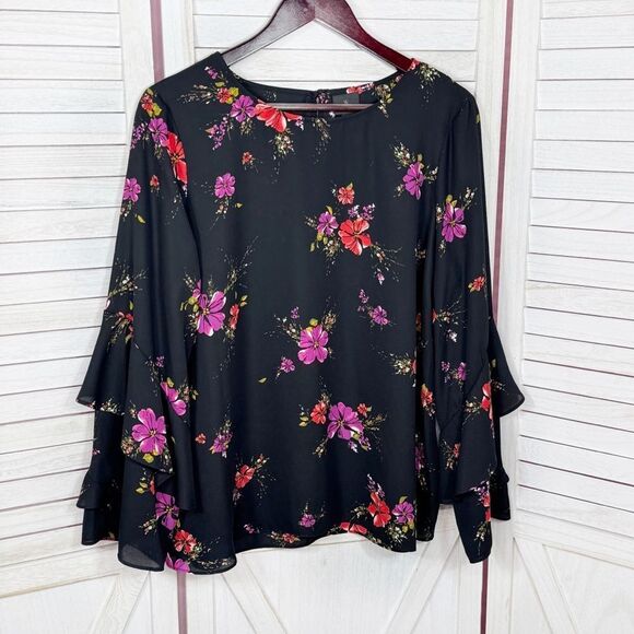 Worthington Floral Tiered Ruffle Bell Sleeve Blouse Black Pink Large - Picture 7 of 12